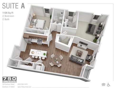 Floor plan for 2 beds, 2 baths, 1126 sqft